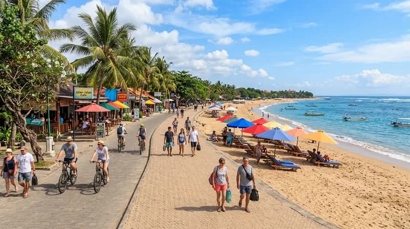 Sanur Beach Walk, promenade pantai sepanjang 6 km dengan kafe dan wisatawan bersepeda