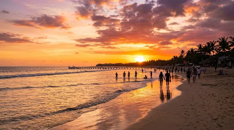 Sunset di pantai Bali dengan langit oranye keemasan dan siluet wisatawan