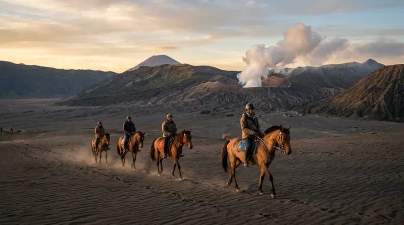 Wisatawan menunggang kuda melintasi lautan pasir Bromo dengan kawah berasap di latar belakang